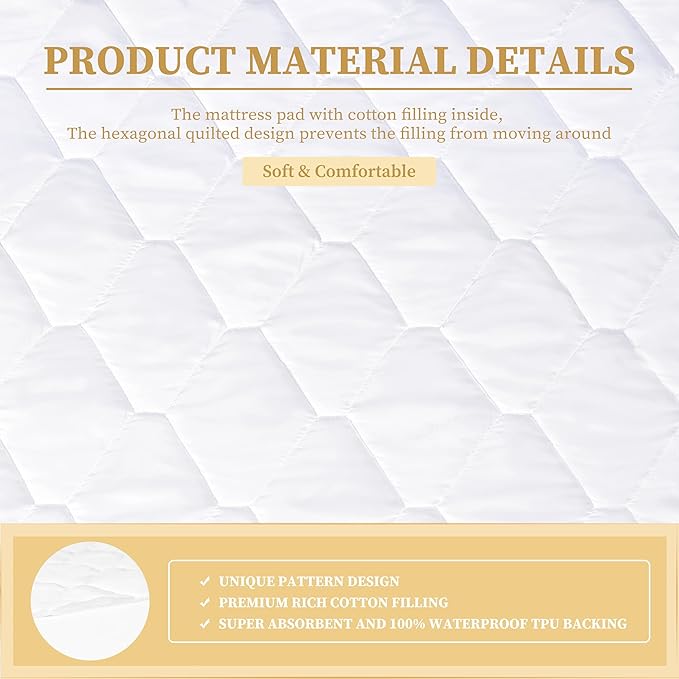 Twin XL Quilted Fitted Waterproof Mattress Pad, Breathable Premium Soft Filling Mattress Protector, 8-21 Inches Deep Pocket Noiseless Mattress Cover (White)