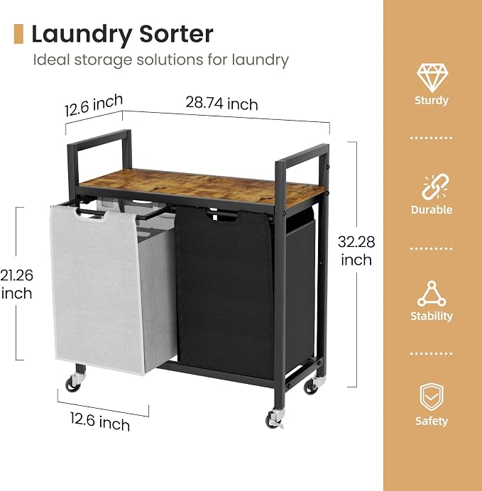 SwaaVee Laundry Hamper, Laundry Basket, Laundry Sorter with 2 Removable Bags, Clothes Basket with 2 Compartments, Wheels, Shelf for Laundry Room Bathroom Bedroom (2 Bags-Black Grey) - Image 2