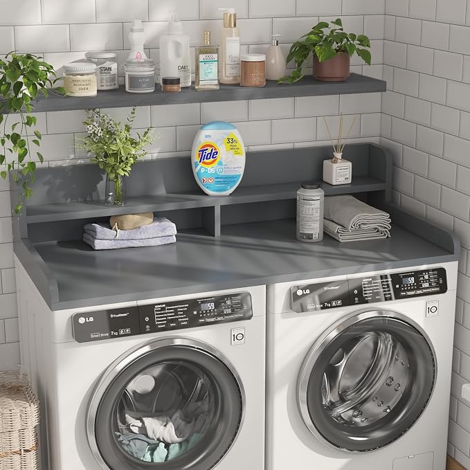 2-Tier Washer Dryer Countertop with 2.75" H Edge Rails, 58" W x 28" D Laundry Countertop for Folding Clothes, Washer and Dryer Topper with Non-Slip Pad (Gray) - Image 2