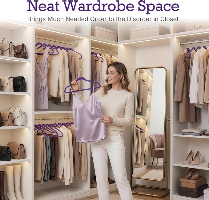 HOUSE DAY Noble-Purple Velvet Hangers 60 Pack, Non Slip Clothes Felt Hanger Heavy Duty for Coat, Premium Slim Space Saving Suit Hangers for Closet Organizer, 360° Rotating Silver Hook - Image 7