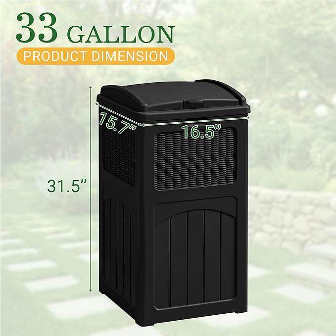 Greesum 33 Gallon Outdoor Trash Can with Lid, Waterproof Resin Garbage Bin for Hideaway, Deck, Patio, Black - Image 7