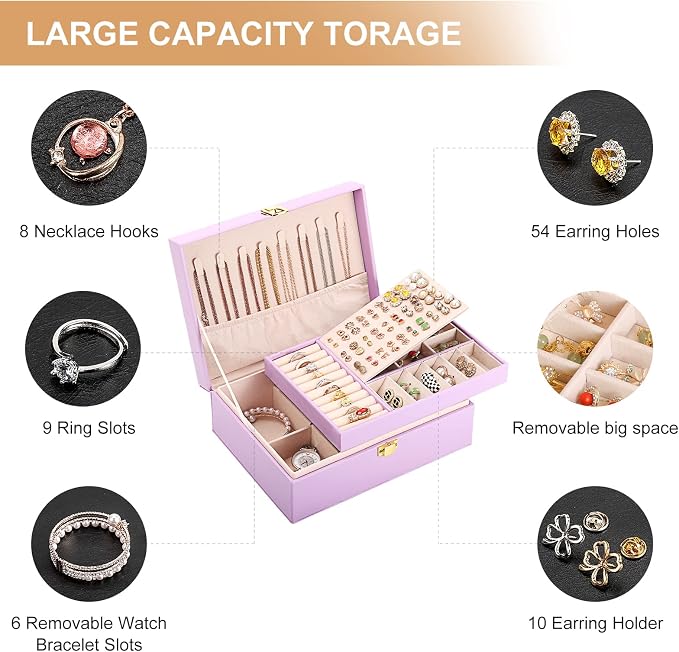 Jewelry Box for Girls Women Leather Jewelry Organizer with Lock Double Layers Jewelry Storage Case Removable Tray for Necklace Earring Ring with Polishing Cloth and Jewelry Bags, Home Decor Gifts - Image 4