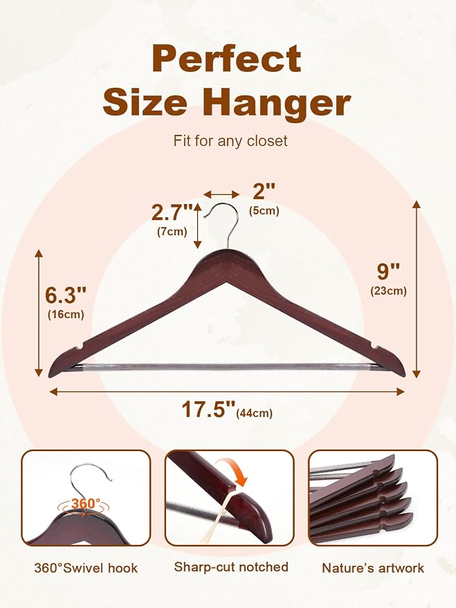 HOUSE DAY Cherry Wooden Hangers 20 Pack, Heavy Duty Wooden Coat Hanger for Closet, Solid Wood Hanger with Non Slip Pant Bar, Smooth Finish Wood Clothes Hangers for Shirts, Suits Jackets, Dress - Image 8