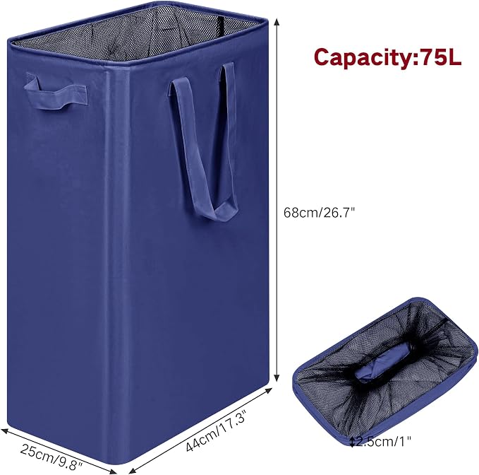 efluky Slim Laundry Basket, Narrow Laundry Hamper with Handles, Collapsible Dirty Clothes Hamper, Tall Laundry Bin for Laundry Room, Dorm and Bedroom, 12.7 Gallons(75L) Blue - Image 2