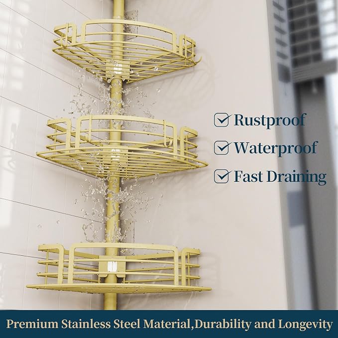 Consumest Corner Shower Caddy Tension Pole - Rustproof Shower Shelves with Towel Bar & Soap Holder, Adjustable Bath Organizer for Bathroom Storage, 27.6-108.3 inch, Gold - Image 6