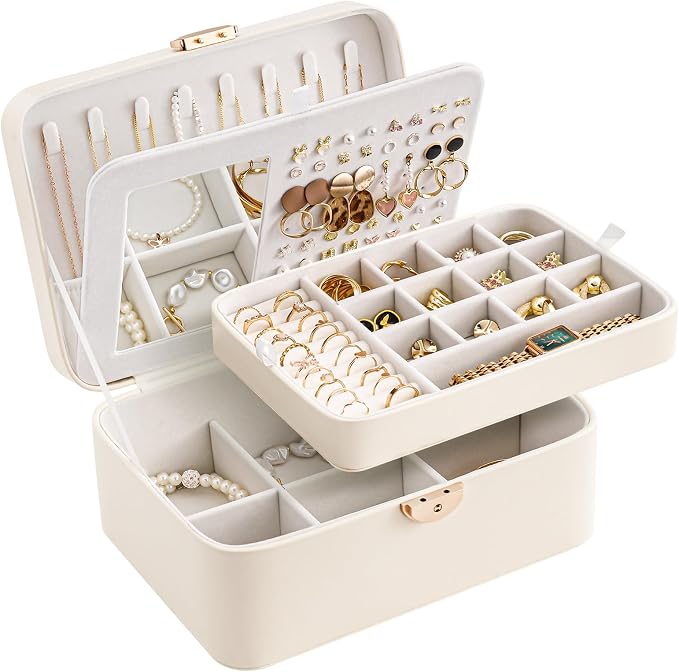 Lolalet 2 Layer Jewelry Box with Lock and Key for Teen Girls & Young Women, Jewelry Organizer Case with Round Clasp and Mirror for Earrings Rings Necklaces Storage, Gift Idea -Cloud White - Image 4