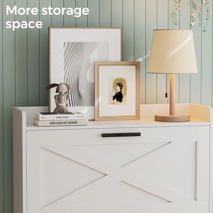 Homleke 32" W Farmhouse Shoe Storage Cabinet with 2 Flip Drawers and Barn Door Design, Adjustable Shelves, Modern Hidden Slim Narrow Shoe Rack Cabinet for Entryway, Foyer, Hallway, Living Room, White - Image 7