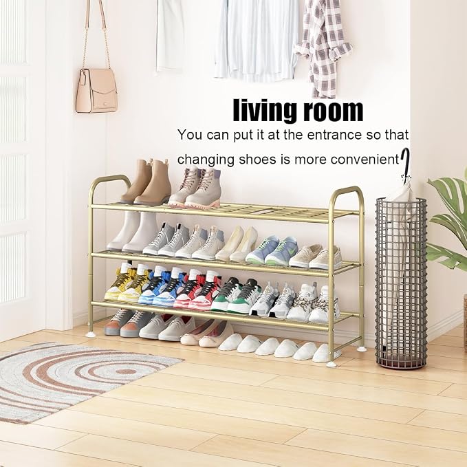 LINZINAR Shoe Rack Long 3 Tier Shoe Storage Organizer Metal Wide Shoe Shelf for Closet Entryway Bedroom 24 Paris Large Capacity, Gold - Image 4