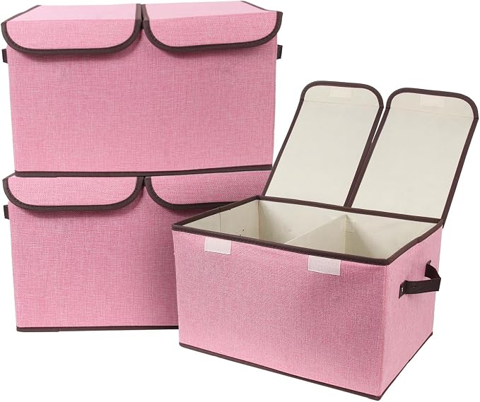 Foldable Fabric Storage Box, 16.5 x 11.8 x 9.8 inches (L x W x H), with Double-Lid & Dividers, Large Organizer for Home, Closet, Office(Pink, 3 Packs) by TCbelosion
