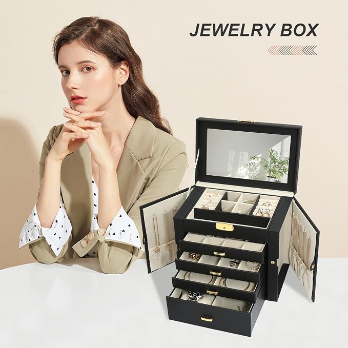 Jewelry Box for Women, 5-Layer Jewelry Organizers Box, Large Jewelry Storage Box for Girls, Jewelry Holder Organizers Gift for Valentine's Day, Christmas, New Year (Black) - Image 6