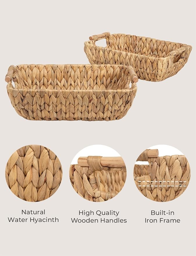 StorageWorks Hand-Woven Large Storage Baskets with Wooden Handles, Water Hyacinth Wicker Baskets for Organizing, 2-Pack - Image 3