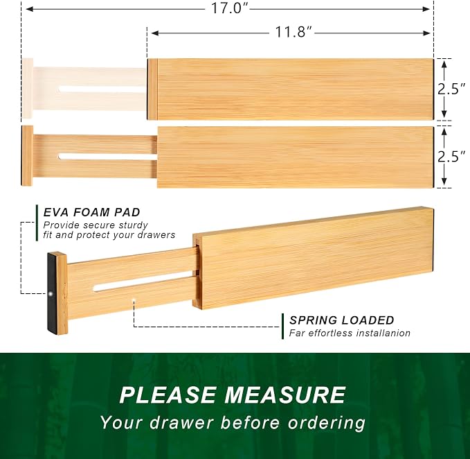 4 Pack Bamboo Drawer Dividers 2.6" High, Adjustable Length from 12 Inch to 17 Inch, Expandable Kitchen Drawer Organizer Separators for Clothes, Kitchen, Bedroom, Dresser, Office (Beige) - Image 6