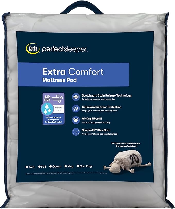 Serta Air Dry Extra Comfort Performance Fabric Quilted Mattress Pad, Cooling and Breathable Mattress Cover, Moisture Wicking Protection with 15" Deep Pocket, Twin, White