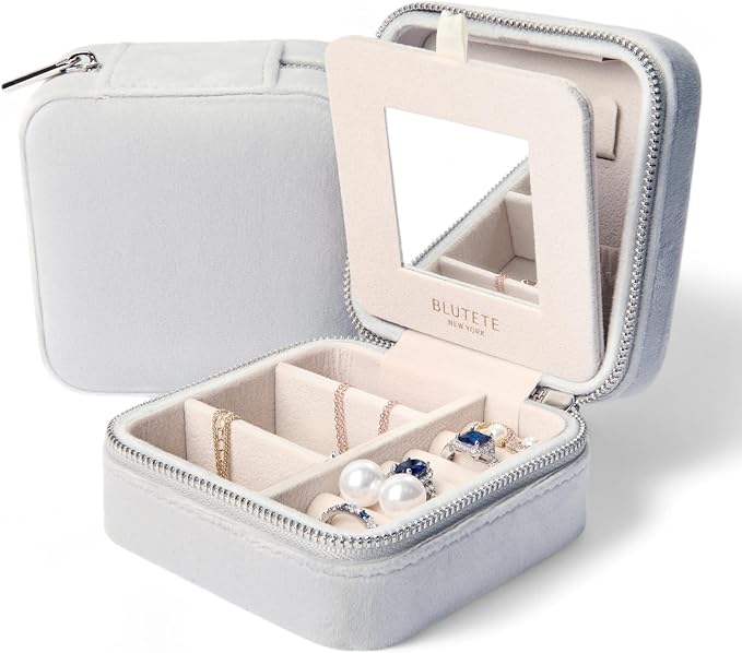 BLUTETE Travel Jewelry Box Organizer Velvet Travel Case With Mirror Rings Earrings Necklaces Storage Organizer Box (Milky Grey) by BLUTETE