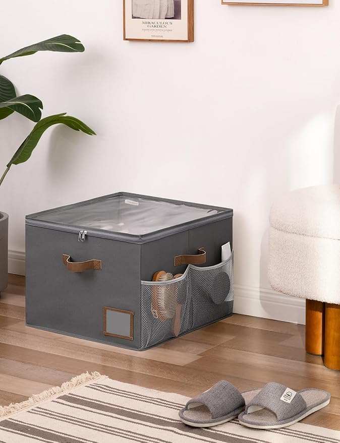 StorageWorks Shoe Organizer for Closet, Fabric Shoe Storage Boxes for Slippers and Sandals, Stackable Shoe Bins for Closet with Side Mesh Pockets, Holds Up to 16 Pairs, Grey - Image 8