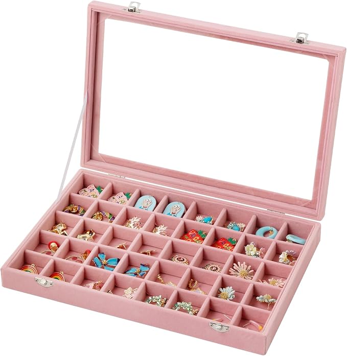 Frebeauty 40 Grid Jewelry Tray,Adjustable Earring Holder Organizer with Glass Lid,Velvet Drawer Jewelry Organizer for Rings,Studs,13.8 x 9.5 x 2 Inches Jewelry Display Box,Gift for Women(Pink) by Frebeauty
