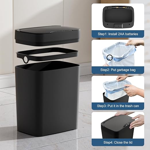 Vanpopubs 2 Pack 2.7 Gal Bathroom Trash Can with Lid, Automatic Trash Can Small Smart Garbage Can Touchless, Slim Motion Sensor Waterproof Plastic Trash Bins for Bedroom Office Kitchen Toilet Black - Image 9