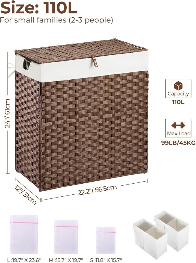Greenstell Laundry Hamper with lid, No Install Needed, 110L Wicker Laundry Baskets Foldable 2 Removable Liner Bags, 2 Section Clothes Hamper Handwoven Rattan Laundry Basket with Handles, Brown - Image 6