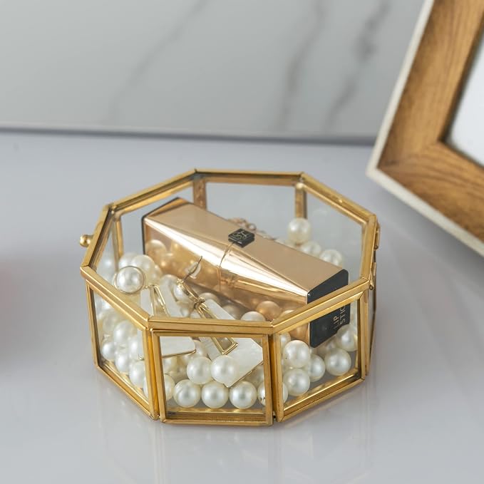 Glass Vintage Jewelry Box, Golden Geometric Jewelry Display Organizer Box Vanity Lidded Box Home Decor Accent Decorative Box for Storage Trinket Rings Bracelet - Image 8