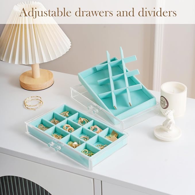 Lolalet Earring Holder Organizer Box Jewelry Storage with 6 Drawers, Clear Acrylic Stackable Earring Case with Adjustable Velvet Trays for Women on Dresser Vanity -Aqua, 6 Layers - Image 2