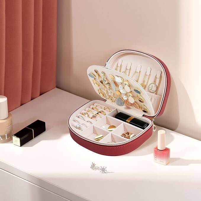 ProCase Travel Size Jewelry Box, Medium Portable Seashell-Shaped Jewelry Case, 2 Layer Jewelry Organizer in PU Leather for Women -Red - Image 2