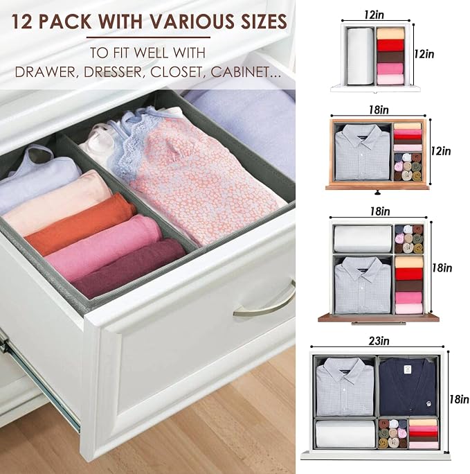 12 Pack Drawer Organizers for Clothing, Foldable Clothes Storage Box Closet Dresser Drawer Organizers Dividers, Bedroom Organization Fabric Bins for Baby Clothes Underwear Sock Bra Ties (Grey) - Image 3