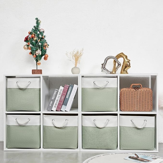 13 x 13 Inch Extra Large Storage Cubes,6 Pack Cube Storage Bins for Shelves，Fabric Collapsible Storage Bins with Handles, Foldable Storage Basket for Organizing Clothes, Toys (White&Green) - Image 2