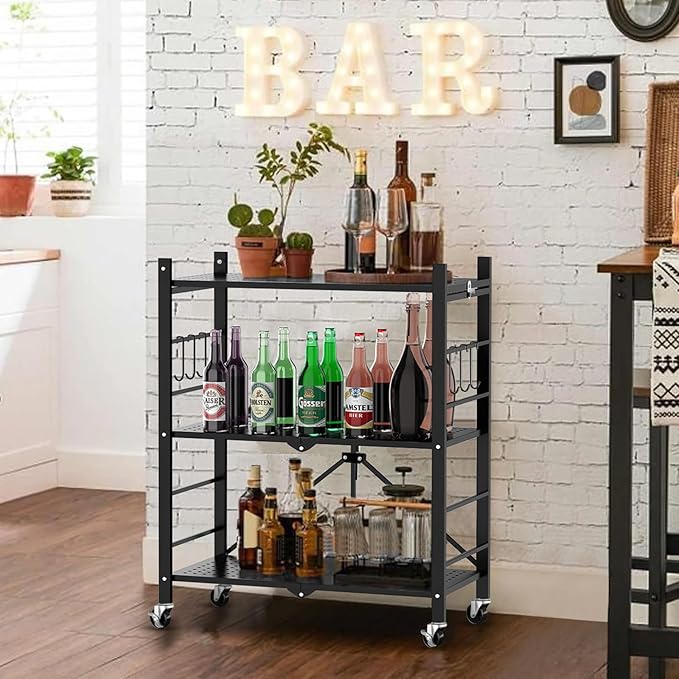 Himix Storage Shelves with 6 Hooks, 3 Tier Foldable Shelf with Wheels, Metal Storage Shelving Unit Rolling Cart, Utility Shelf Rack Organization Shelves for Pantry, Kitchen, Black - No Assembly - Image 2