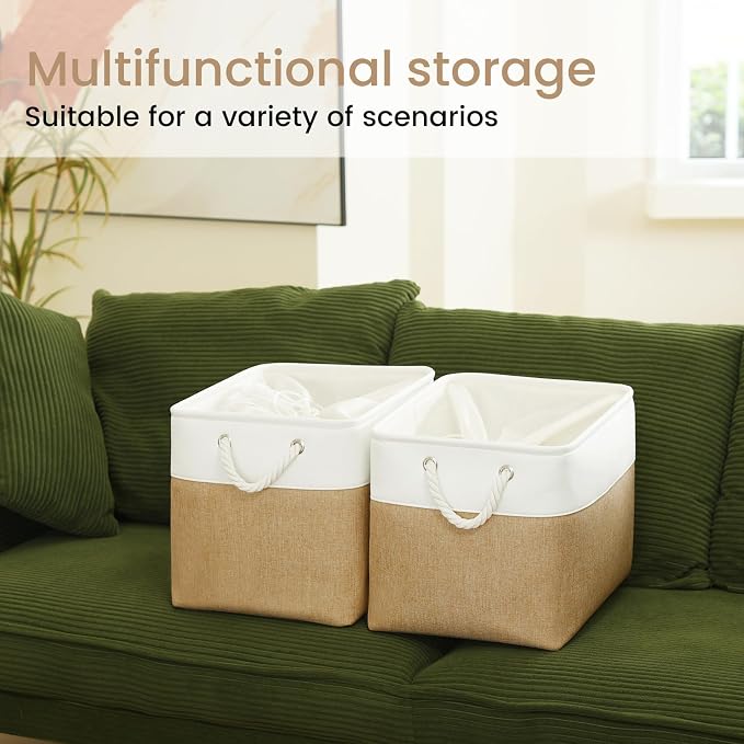 Large Storage Baskets- 16x12x12 inch Storage Bins for Shelves and Closet Organizing, Foldable Fabric Bin for Home Organization Clothes and Laundry (1-Pack, White&Khaki) - Image 6