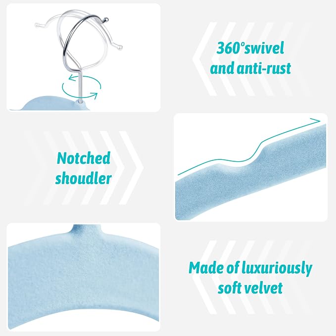 Sishynio Velvet Hangers 50 Pack – Slim Non-Slip Flocked Clothes Hangers with Notches, Space-Saving Durable Hangers for Dresses, Coats, Blouses(Blue) - Image 2
