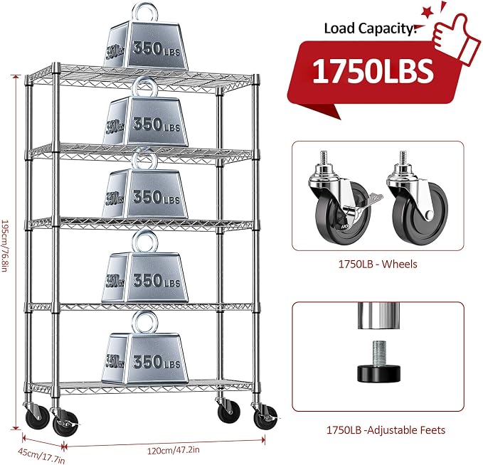 IZEUK 5-Tier Storage Shelving Unit with Wheels, Adjustable Heavy Duty Steel Wire Rack Organizer (Chrome, 17.7" D x 47.2" W x 76.7" H, 1750 lbs Capacity) for Garage, Kitchen, Pantry, Laundry, Basement - Image 3