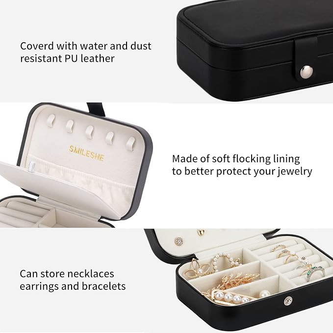 Smileshe Jewelry Box, PU Leather Small Portable Travel Case, 2 Layers Organizer Display Storage Holder Boxes for Rings, Earrings, Necklaces, Bracelets - Image 5