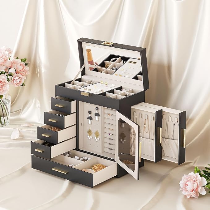 HOOBRO Jewelry Box with Mirror, Jewelry Organizer Box with Capacious Storage Space, Jewelry Holder Organizer, Hand-Held Jewelry Case, Glass Cover, Modern Style, Black and Light Gold BK06JB04G1 - Image 2