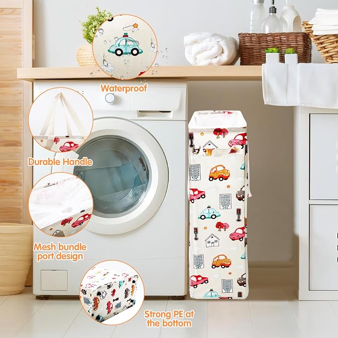Odonata Slim Laundry Hamper Handles Collapsible Laundry Basket Thin Dirty Clothes Basket Narrow Laundry Bag Foldable Dirty Hamper 48L (Car) - Image 6