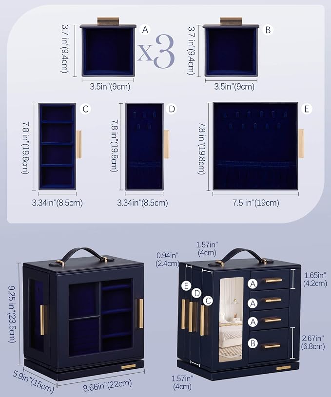 Homde Mothers Day Gifts Jewelry Box for Women Large: Rotating Organizer for Ring Earring Necklace Bracelet - 7 Drawers Storage for Dresser (Dark Blue) - Image 6
