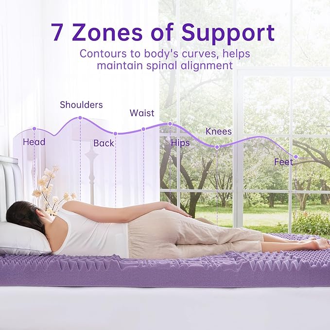 MUXHOMO 3.9 Inch 7-Zone Queen Mattress Topper, Egg Crate Memory Foam Mattress Topper Queen Size for Back Pain, Lavender Cooling Gel Infused Bed Pad, CertiPUR-US and Oeko-TEX Certification (60"×80")