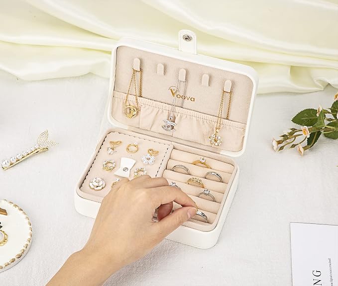 Voova Jewelry Box Organizer for Women Girls, 2 Layer Large Men Jewelry Storage Case, PU Leather Display Jewellery Holder with Removable Tray for Necklace Earrings Rings Bracelets (White, Small) - Image 4