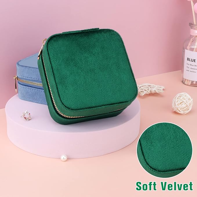 DesignSter Travel Jewelry Box - Velvet Mini Jewelry Organizer, Small Jewelry Case for Girls Women, Jewelry Storage Box for Rings Earrings Necklace (Square, Emerald Green) - Image 5