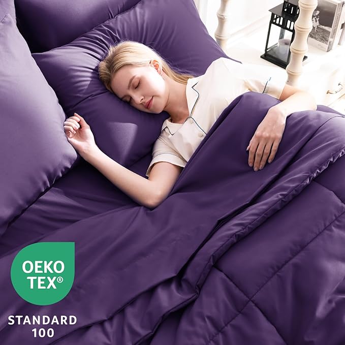 CozyLux Queen Comforter Set Purple, 7 Pieces Bed in a Bag, Purple Comforters Queen Size, All Season Bedding Sets with Stitch Quilted Comforter, Flat Sheet, Fitted Sheet, Pillowcases