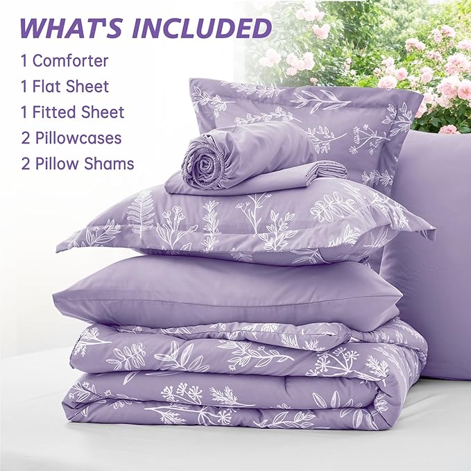 MUXHOMO Lavender Cal King Comforter Set, Elegant Floral Print Bed in a Bag 7 Pieces, Ultra Soft & Breathable Reversible Botanical Pattern Bedding Set with Comforter, Sheets, Pillowcases, and Shams