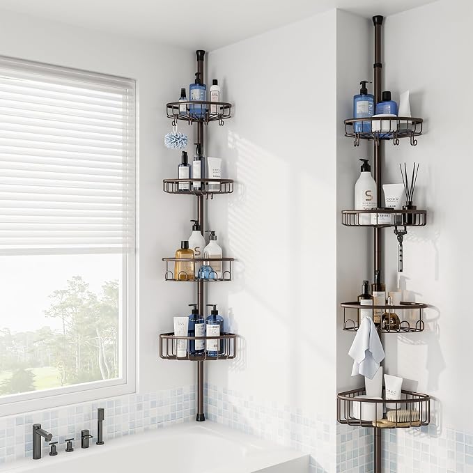 Corner Shower Caddy Tension Pole: Stainless Steel Rustproof 4-Tier Shower Organizer - 47-121 inch Adjustable Bathroom Shelves for Bathtub Shampoo Storage - Tension Rod Floor Standing Bath Rack -Bronze - Image 7