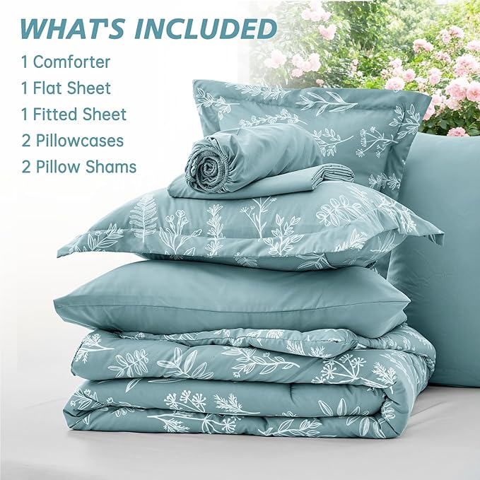 MUXHOMO Blue Bed in a Bag King 7 Pieces, King Comforter Set Reversible Botanical Flowers Design, Ultra Soft & Breathable Bedding Sets with Comforter, Sheets, Pillowcases & Shams