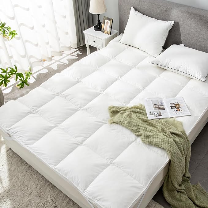 Goose Down Feather Mattress Topper, Full Down Mattress Protector Cover with Straps,Plush Soft Fluffy Baffled Pillowtop, Hypoallergenic Featherbed Cooling Pad All-Season Luxury(54X75 inch)