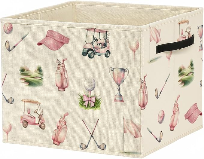 Pink Bow Golf Storage Bin Box with Handles, Golfers Golf Lovers Gifts Foldable Baskets Organizer for Girls Room Nursery Bathroom Home Sports Room Clothes Toys Books, Toybox for Girls by Unknown