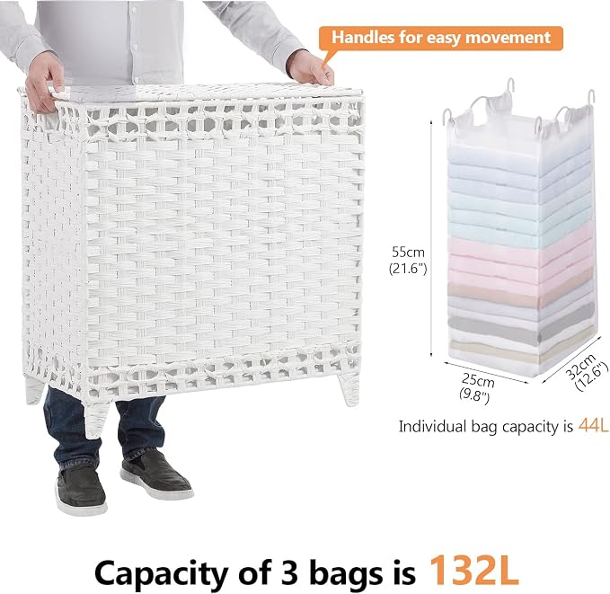 Laundry Hamper with 3 Removable Liner Bags; 132L Handwoven Rattan Laundry Basket with Lid & Heightened Feet; Clothes Hamper with Side Handles; Laundry Sorter with 3 Separate Sections - Image 4