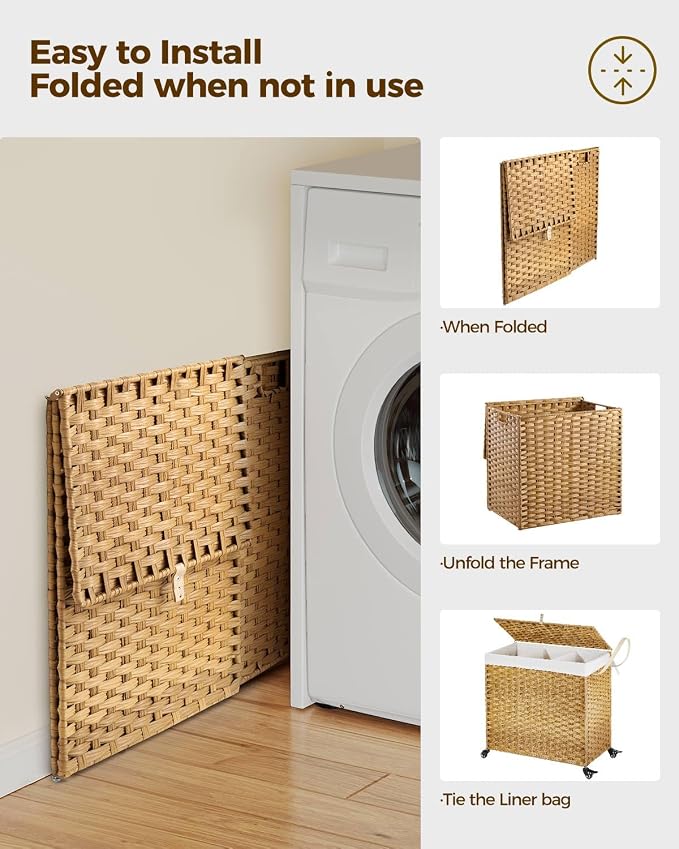 Greenstell Laundry Hamper with Wheels&Lid, 130L Large 3 Sections Clothes Hamper with 2 Types Removable Liner Bags, 5 Mesh Laundry Bags, Handwoven Divided Laundry Basket for Clothes, Natural - Image 8