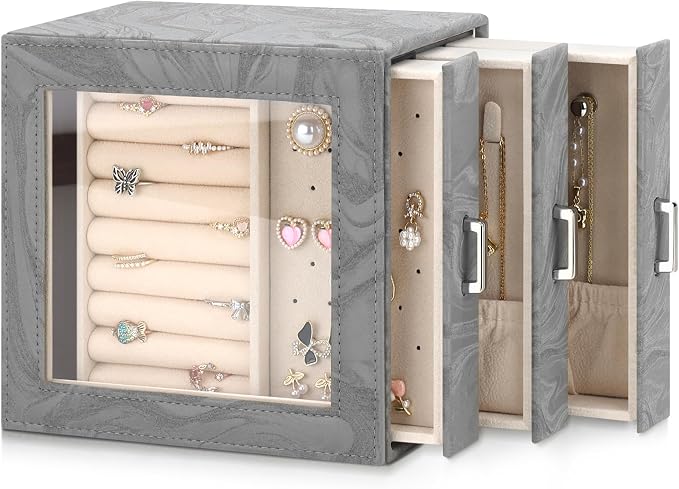 DesignSter Jewelry Box Organizer, Jewelry Box for Women, PU Jewelry Organizer Display Case with Side Drawers, Jewelry Storage for Earring Necklace Ring Bracelet Watch by DesignSter