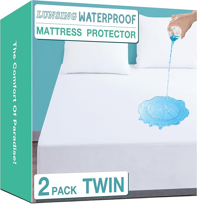 Lunsing Soft 2 Pack Twin Size Waterproof Mattress Protector with 6-16 Inches Deep Pocket, White