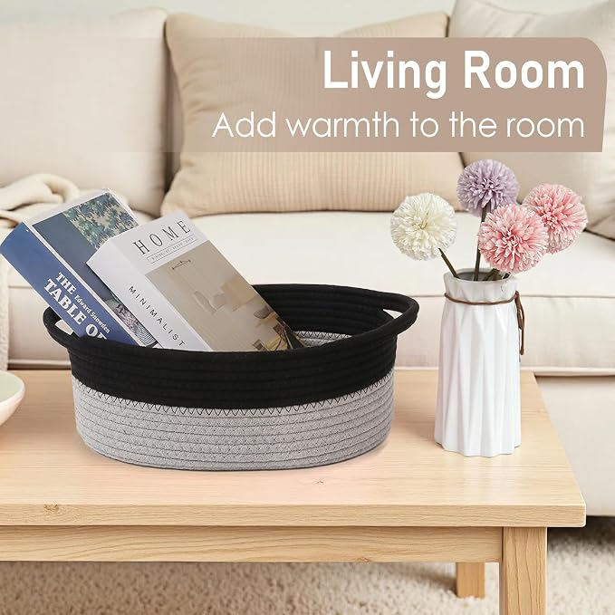 JMvicyroam Woven Basket,Small Rope Storage Bin with Handles & Ribbon Bag, Organizer for Shelves Closets,Gift Basket Empty for Birthday,Books,Dog Toys, Black&Grey - Image 7