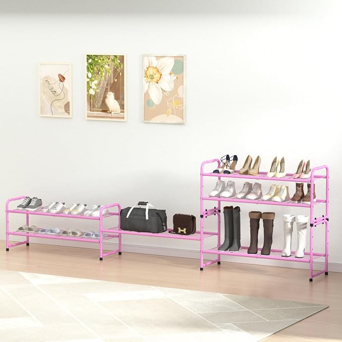 SUFAUY 2 Tier 33" Wide Shoe Rack, Closet Metal Wire, Stackable, Pink - Image 6